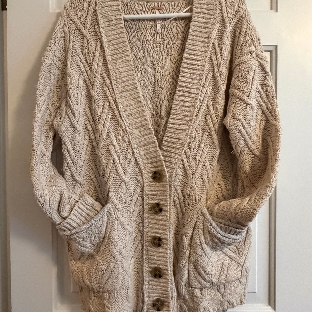 Free People Chunky Cable Knit Button-Front Cardigan - Beige Cream